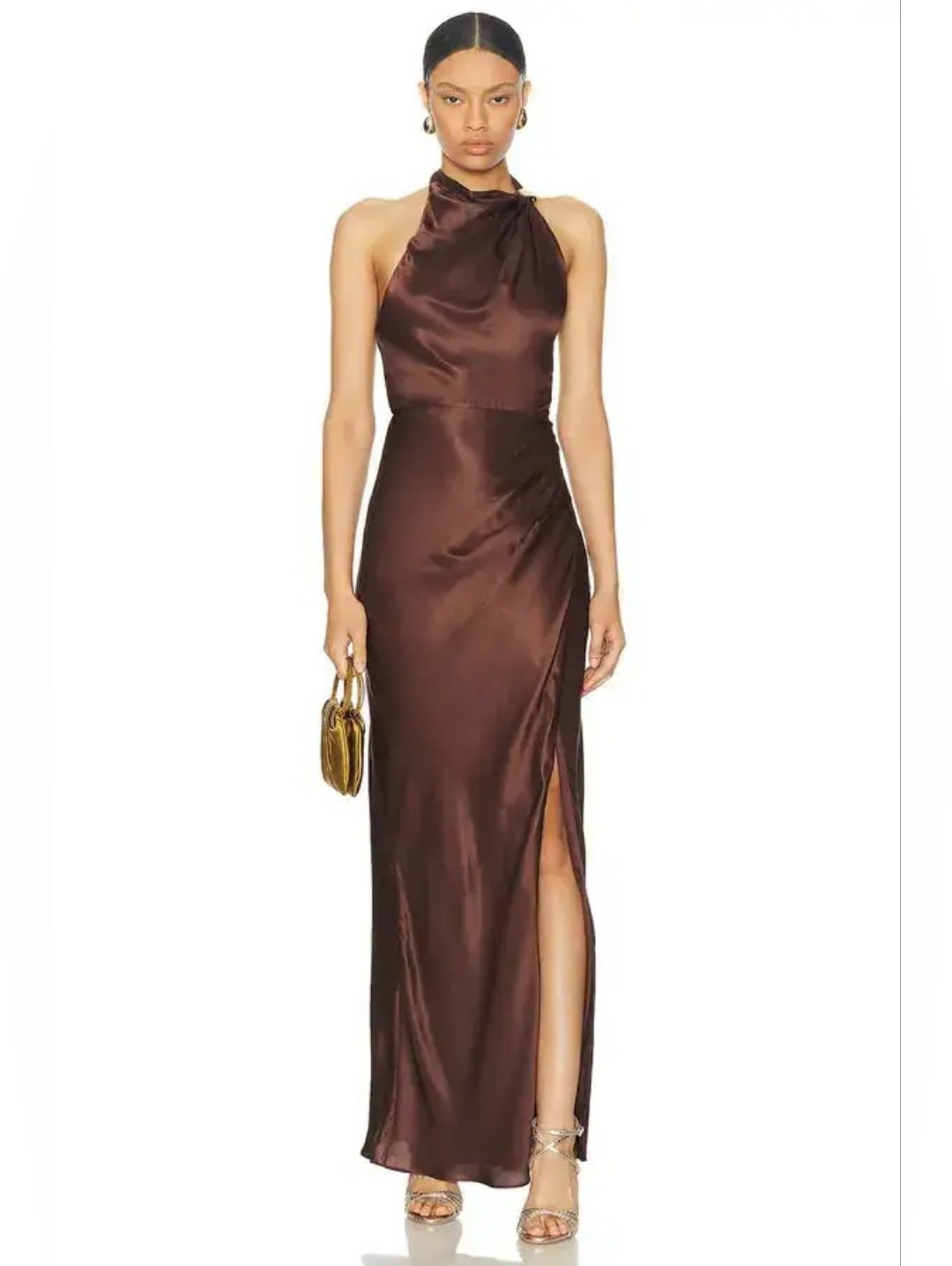 Nicholas Chocolate Brown Satin Halter Maxi Dress With Side Slit Size 0